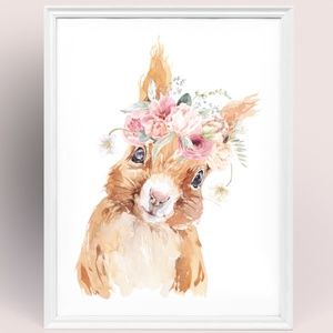 Watercolor Floral Squirrel Wall Art Illustration Print Poster Card Unframed